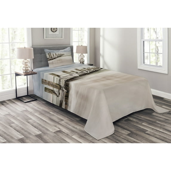 Ambesonne Landscape Quilted Bedspread Set 2 Pcs, Groyne Zingst Germany, Twin Size, Pale Blue White Tan