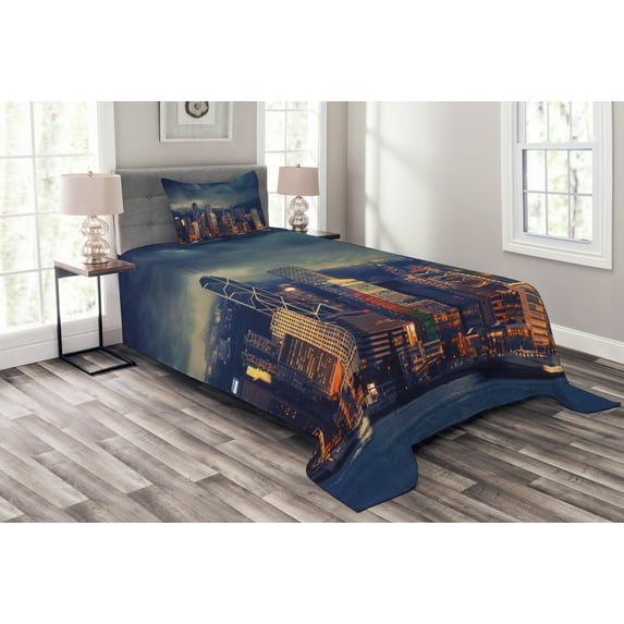 Ambesonne Landscape Quilted Bedspread Set 2 Pcs, Hong Kong Cityscape, Twin Size, Multicolor