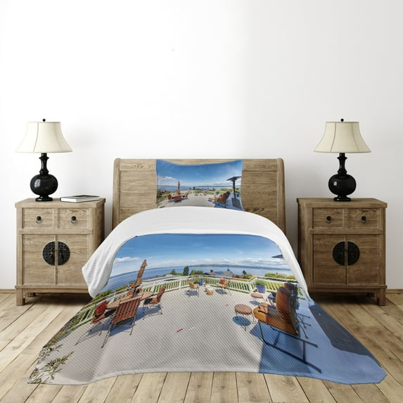 Ambesonne Landscape Quilted Bedspread Set 2 Pcs, House Terrace Balcony, Twin Size, Multicolor