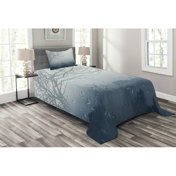 Ambesonne Landscape Quilted Bedspread Set 2 Pcs, Idyllic Forest Rain View, Twin Size, Dark Slate Blue Grey