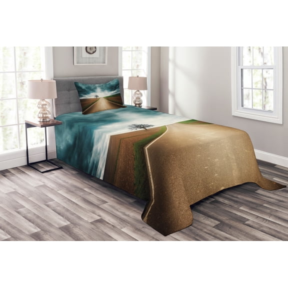 Ambesonne Landscape Quilted Bedspread Set 2 Pcs, Roads Travel Clouds, Twin Size, Brown Teal