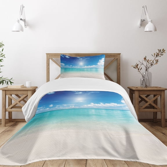Ambesonne Landscape Quilted Bedspread Set 2 Pcs, Sky and Tropical Sea, Twin Size, Cream Turquoise White