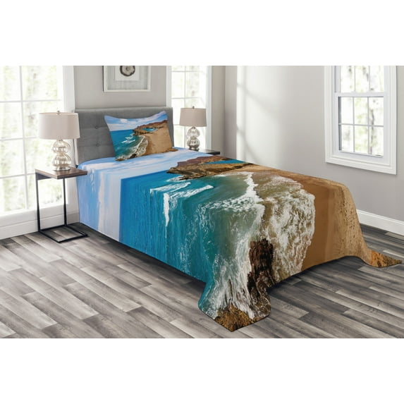 Ambesonne Landscape Quilted Bedspread Set 2 Pcs, Summer Beach Spain, Twin Size, Blue Brown