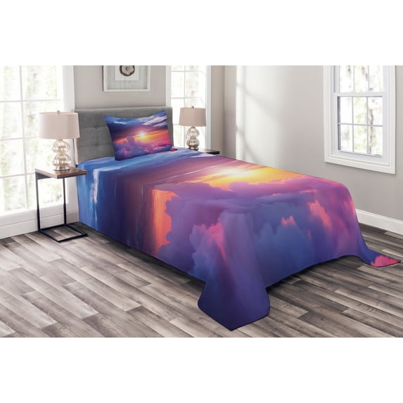 Ambesonne Landscape Quilted Bedspread Set 2 Pcs, Sunset Sky and Clouds, Twin Size, Blue Yellow Purple
