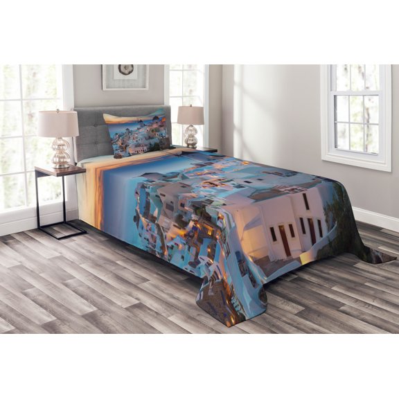 Ambesonne Landscape Quilted Bedspread Set 2 Pcs, Traditional Houses, Twin Size, Multicolor