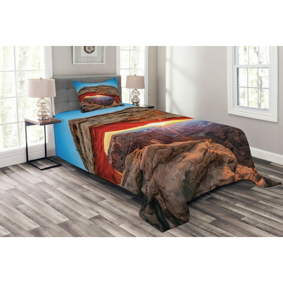 Ambesonne Landscape Quilted Bedspread Set 2 Pcs, Utah National Park, Twin Size, Pale Brown Sky Blue