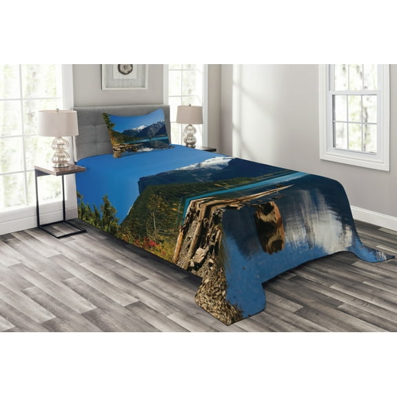 Ambesonne Landscape Quilted Bedspread Set 2 Pcs, Winter Mountain Trees, Twin Size, Dark Brown White