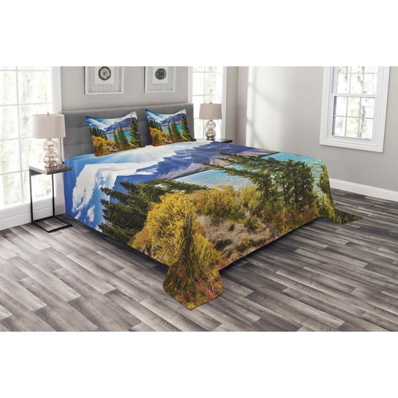 Ambesonne Landscape Quilted Bedspread Set 3 Pcs, Canadian Glacial Lake, Queen Size, Aqua Mauve Green