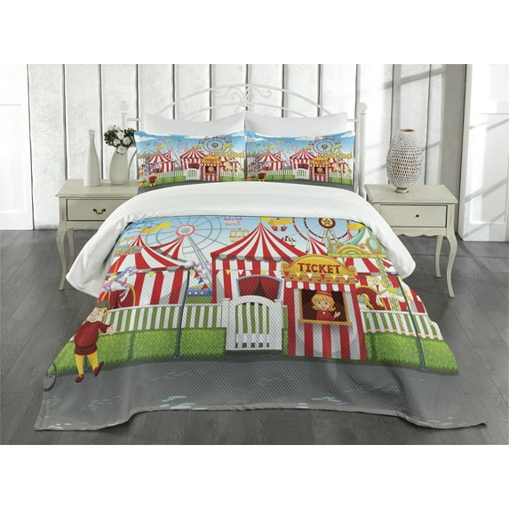 Ambesonne Landscape Quilted Bedspread Set 3 Pcs, Carnival Many Rides, King Size, Multicolor