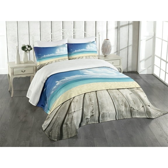Ambesonne Landscape Quilted Bedspread Set 3 Pcs, Exotic Ocean Nautical, Queen Size, Cream Turquoise White