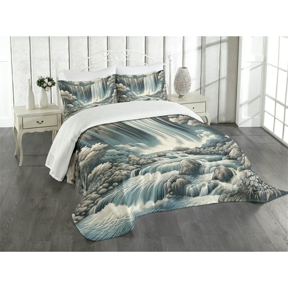 Ambesonne Landscape Quilted Bedspread Set 3 Pcs, Expressive Waterfall Art, King Size, Blue Grey Pale Sepia