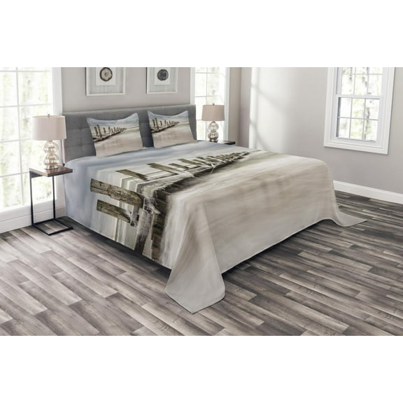 Ambesonne Landscape Quilted Bedspread Set 3 Pcs, Groyne Zingst Germany, King Size, Pale Blue White Tan