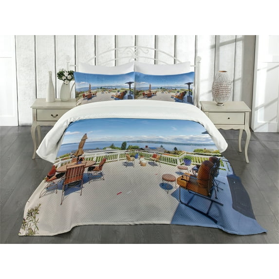 Ambesonne Landscape Quilted Bedspread Set 3 Pcs, House Terrace Balcony, Queen Size, Multicolor