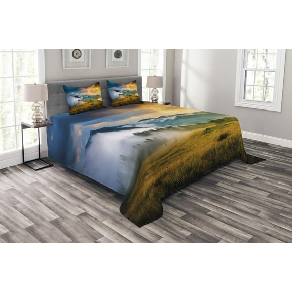 Ambesonne Landscape Quilted Bedspread Set 3 Pcs, Misty Mountaintops, Queen Size, Yellow Blue Green