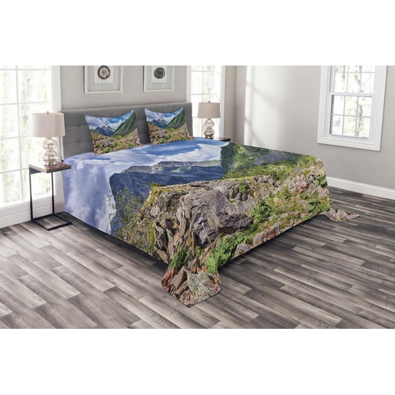 Ambesonne Landscape Quilted Bedspread Set 3 Pcs, Mountain Wild Rhubarb, Queen Size, Multicolor