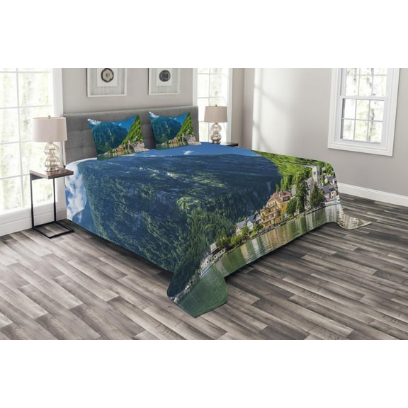 Ambesonne Landscape Quilted Bedspread Set 3 Pcs, Natural View Austria, Queen Size, Green Blue White