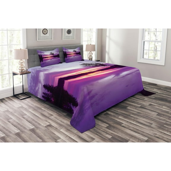 Ambesonne Landscape Quilted Bedspread Set 3 Pcs, Purple Shade Skies, Queen Size, Lavender Black