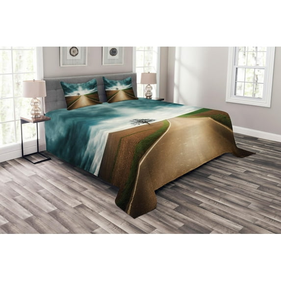 Ambesonne Landscape Quilted Bedspread Set 3 Pcs, Roads Travel Clouds, Queen Size, Brown Teal