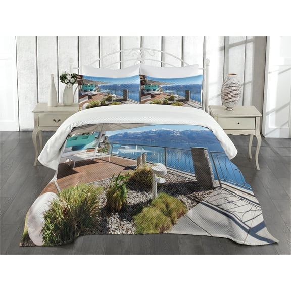 Ambesonne Landscape Quilted Bedspread Set 3 Pcs, Snowy Mountain Ocean, Queen Size, Sky Blue and Brown