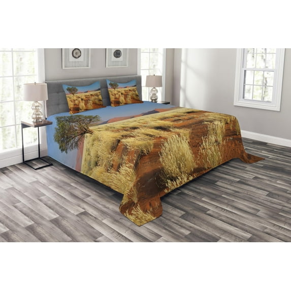 Ambesonne Landscape Quilted Bedspread Set 3 Pcs, South Africa Desert, Queen Size, Sky Blue and Marigold