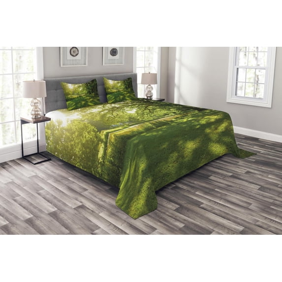 Ambesonne Landscape Quilted Bedspread Set 3 Pcs, Summer Park Hamburg, Queen Size, Green