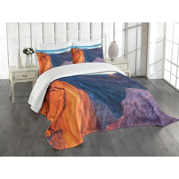 Ambesonne Landscape Quilted Bedspread Set 3 Pcs, Sunrise at Toroweap, Queen Size, Purplegrey Orange Blue