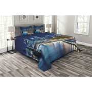 Ambesonne Landscape Quilted Bedspread Set 3 Pcs, View of New York City, Queen Size, Multicolor