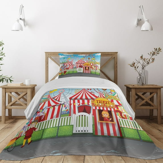 Ambesonne Landscape Quilted Coverlet 2 Pcs, Carnival Many Rides, Twin Size, Multicolor