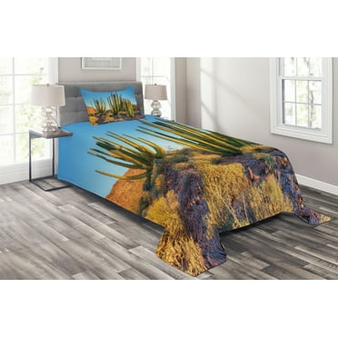 Ambesonne Landscape Quilted Coverlet 2 Pcs, Mountain Cactus Photo, Twin Size, Multicolor