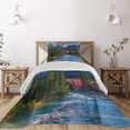 thumbnail image 1 of Ambesonne Landscape Quilted Coverlet 2 Pcs, River Log Lake Village, Twin Size, Green Blue and Dark Pink, 1 of 5