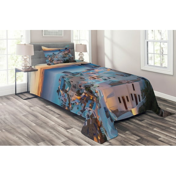 Ambesonne Landscape Quilted Coverlet 2 Pcs, Traditional Houses, Twin Size, Multicolor