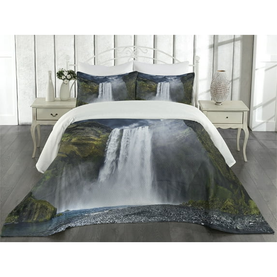 Ambesonne Landscape Quilted Coverlet 3 Pcs, America Cliffs Scene, Queen Size, Green Blue White