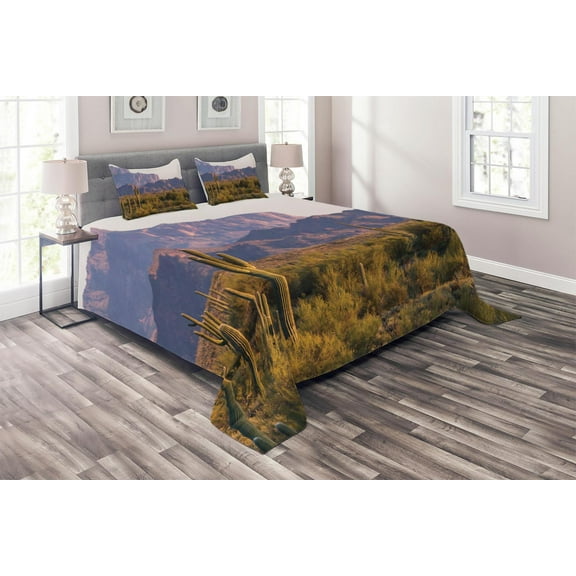 Ambesonne Landscape Quilted Coverlet 3 Pcs, Cactus Mountain in Spring, Queen Size, Brown Green