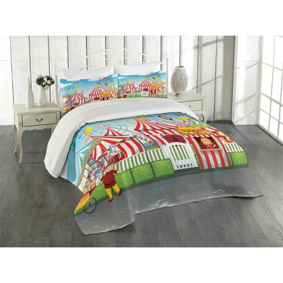 Ambesonne Landscape Quilted Coverlet 3 Pcs, Carnival Many Rides, Queen Size, Multicolor