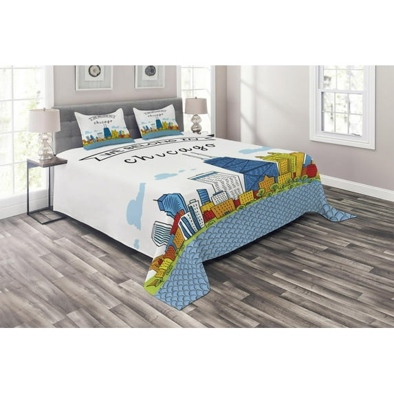 Ambesonne Landscape Quilted Coverlet 3 Pcs, Chicago USA Cartoon, Queen Size, Multicolor