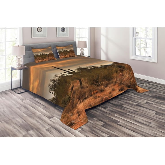 Ambesonne Landscape Quilted Coverlet 3 Pcs, Dramatic Shady Desert, King Size, Orange Green