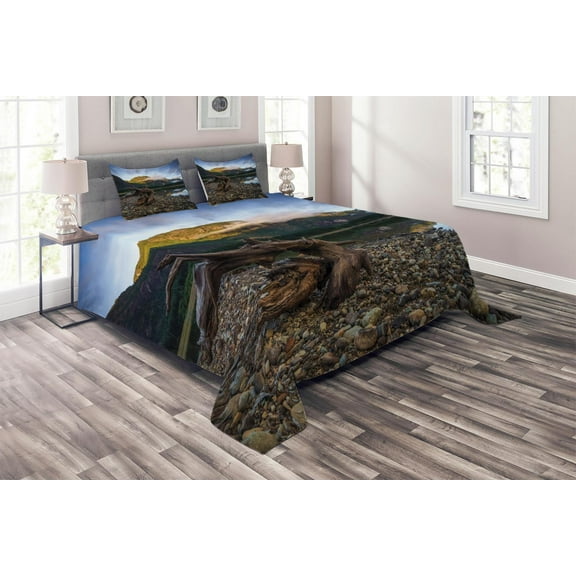 Ambesonne Landscape Quilted Coverlet 3 Pcs, Mountain Lake Skies, King Size, Blue and Brown