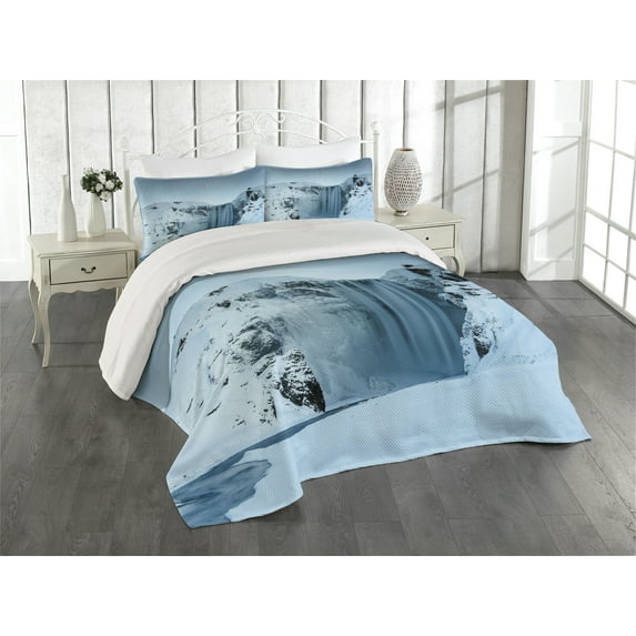 Ambesonne Landscape Quilted Coverlet 3 Pcs, Mountains with Snow, King Size, Petrol Blue