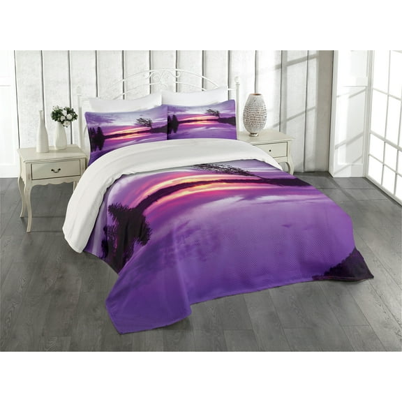 Ambesonne Landscape Quilted Coverlet 3 Pcs, Purple Shade Skies, Queen Size, Lavender Black