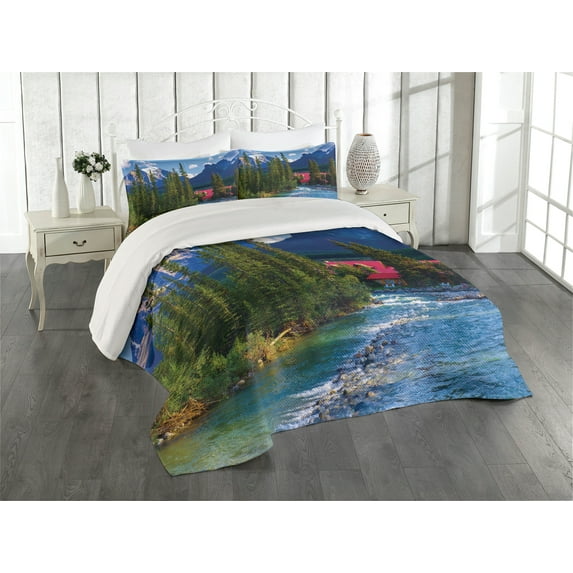 Ambesonne Landscape Quilted Coverlet 3 Pcs, River Log Lake Village, Queen Size, Green Blue and Dark Pink