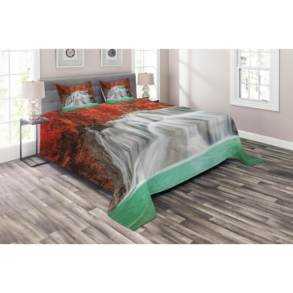 Ambesonne Landscape Quilted Coverlet 3 Pcs, River in the Fall, King Size, Vermilion Pale Blue