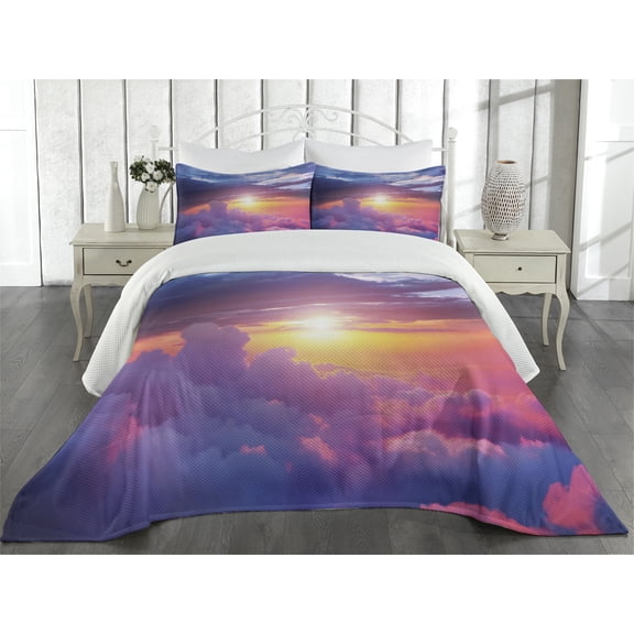 Ambesonne Landscape Quilted Coverlet 3 Pcs, Sunset Sky and Clouds, Queen Size, Blue Yellow Purple
