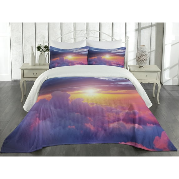 Ambesonne Landscape Quilted Coverlet 3 Pcs, Sunset Sky and Clouds, Queen Size, Blue Yellow Purple