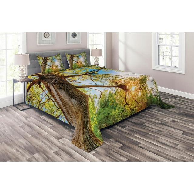 Ambesonne Landscape Quilted Coverlet 3 Pcs, Vibrant Summer Sky, Queen Size, Green Brown