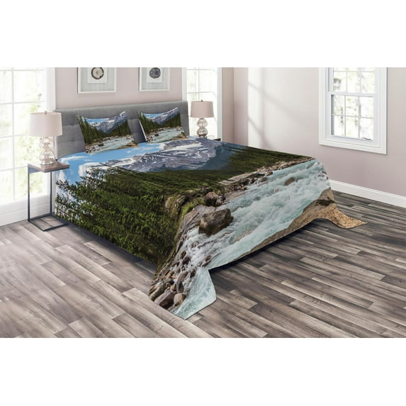 Ambesonne Landscape Quilted Coverlet 3 Pcs, Winter Day Alberta, Queen Size, Multicolor