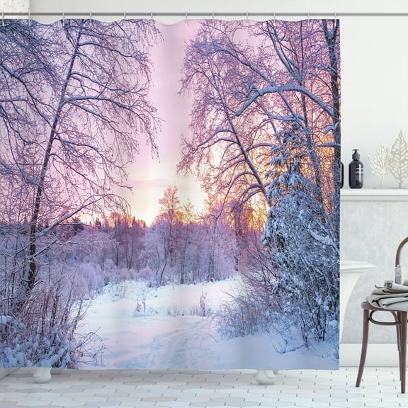 Ambesonne Landscape Shower Curtain, Braches Snowy Sunset, 69"Wx84"L, Lavender Lilac White