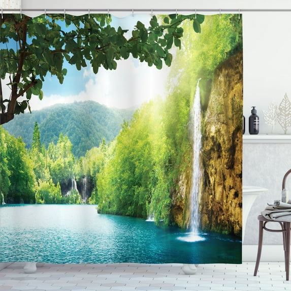 Ambesonne Landscape Shower Curtain, Crotian Lake Forest, 69"Wx75"L, Green and Blue