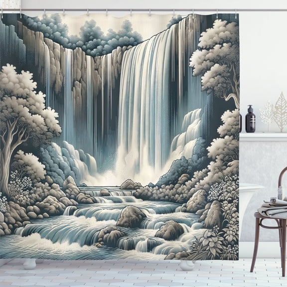 Ambesonne Landscape Shower Curtain, Expressive Waterfall Art, 69"Wx70"L, Blue Grey Pale Sepia