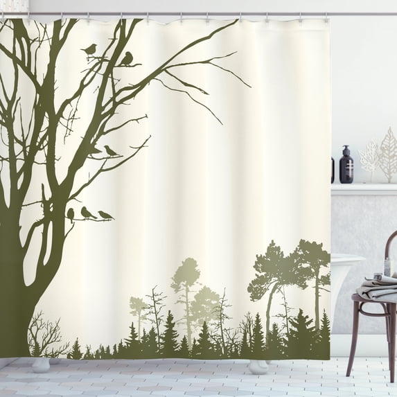 Ambesonne Landscape Shower Curtain, Forest Birds on Tree, 69"Wx70"L, Olive Green Cream