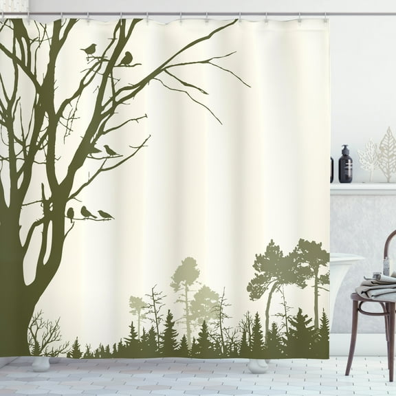 Ambesonne Landscape Shower Curtain, Forest Birds on Tree, 69"Wx84"L, Olive Green Cream